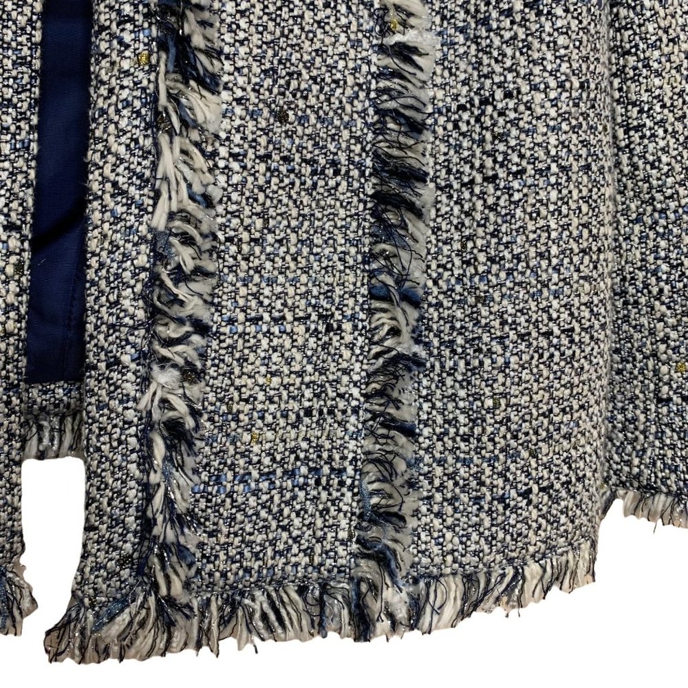 Kasper Flyaway Novelty Blazer Tweed Fringe Jacket Open Front Blue White Gold 8 - Picture 4 of 11